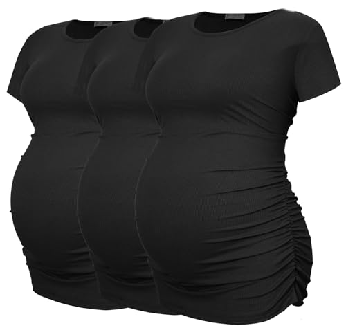 Smallshow Womens Maternity Shirts Ribbed Ruched Pregnancy Clothes Tops 3 Packs Black-Black-Black M