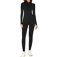 adorence Damen Sport Jumpsuit Lang Eng, Yoga Overall mit Reißverschluss, Langarm Sport Einteiler Romper Bodycon, Rollkragen Bodysuit Women Fitness Workout -Schwarz,S