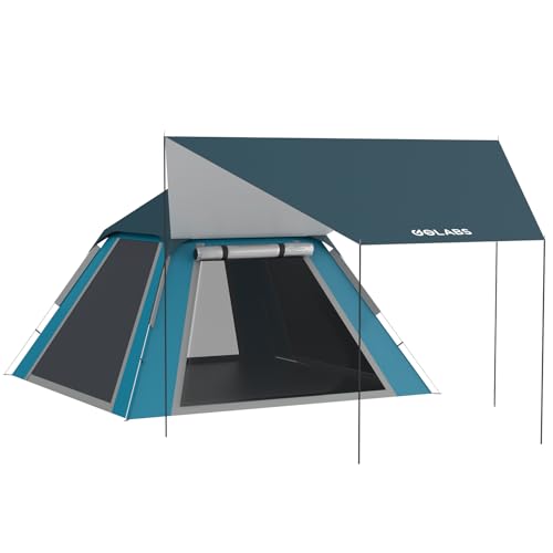 Golabs 2-3 Person Camping Tent w/ 9.5x8.5 ft Canopy, 3-Minute Setup by Pre-Attached Pole, PU1500mm Waterproof, 4 Side Mesh Tent Top & Door & Ventilation, Portable Family Tent w/Carry Bag&Pocket &Hook