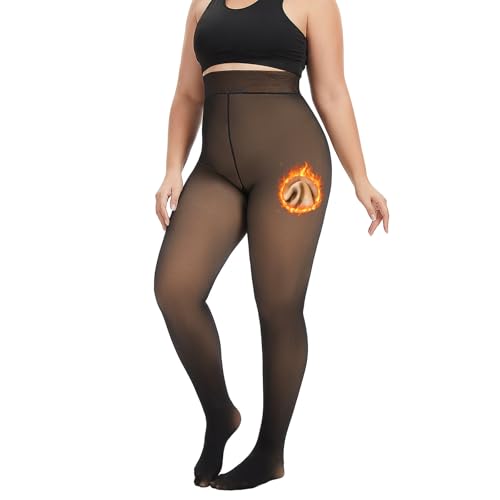 Hellomamma Fleece Lined Tights Women: Plus Size Opaque High Waisted Thermal Top Control Sexy Winter Pantyhose Stockings for Curvy Ladies Festival Club Outfits Black 3XL/4XL