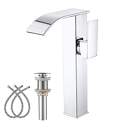 Chrome Bathroom Vessel Faucet Waterfall Spout Single Hole One Handle Deck Mount Bowl Sink Faucets Matching Pop Up Drain Without Overflow Tall Lavatory Vanity Bar Tap Commercial Modern #TOP11
