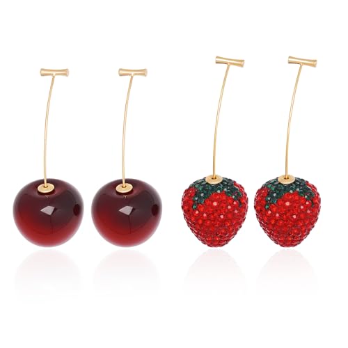 2 Pairs Cherry Strawberry Drop Earrings, Cute Red Strawberry Cherry Dangle Earring Charms Jewelry Earrings for Women