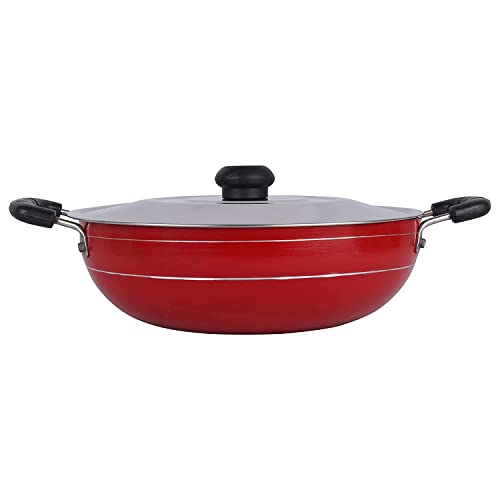 DBY Nonstick Kadai with Stainless Steel Lid 2 Liter Deep Fry Pan Non-Stick Indian Kadhai for Curry, Frying & Gravy Gas Stove Compatible Durable Aluminum Cookware with Heat-Resistant Handles