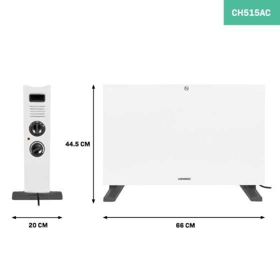 VONROC Calefactor de convección - 2000W - Blanco - Con ventilador turbo - Termostato regulable - 2 posiciones de calefacción - Para habitaciones de hasta 24m2 - Diseño moderno