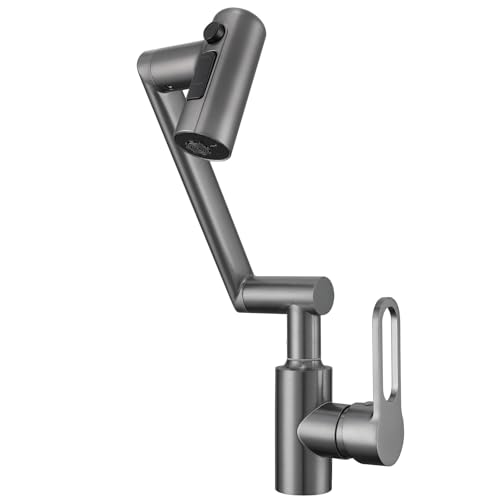 Cooltens 1080 Degree Swivel Faucet 3-Function Bathroom Faucet 1 Hole Gray Height Adjustable Robotic Arm Faucet for Bathroom Kitchen Bar Laundry RV Utility Sink