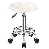 FNZIR Square PU Cushion Rolling Stool with Wheels Height Adjustable Swivel Stools Chair White