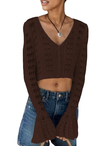 LETSVDO Women's Crochet Crop Cardigan Summer Bell Sleeve Knit Hollow Out Sheer Button Up V Neck Shrug Sweater Tops