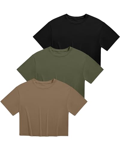Ficerd 3 Pack Women Crop Tops Half Sleeve Cropped T Shirts Casual Crew Neck Drop Shoulder Loose Summer Solid Color2