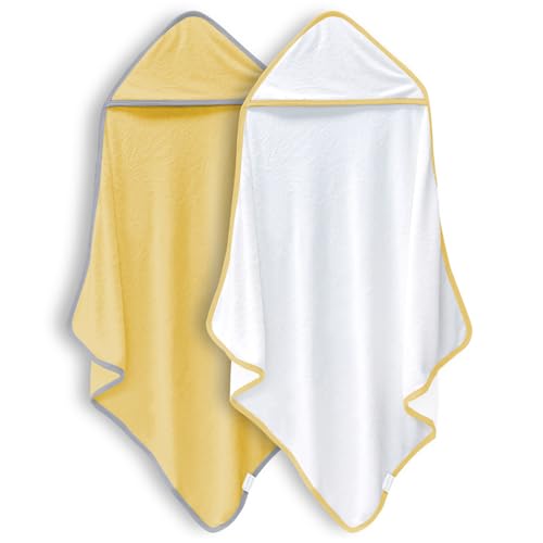 Image of BAMBOO QUEEN 2 Pack Baby Bath Towel - Rayon Made from Bamboo, Ultra Absorbent - Ultra Soft Hooded Towels for Kids - X Large Size for 0-7 Yrs (White and Yellow, 37.5 x 37.5 Inch)