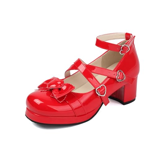 100FIXEO Women's Bow Platform Mary Janes Pumps Ankle Strap Heart Buckle Chunky High Heels Cute Closed Toe Party Shoes (Red,9)