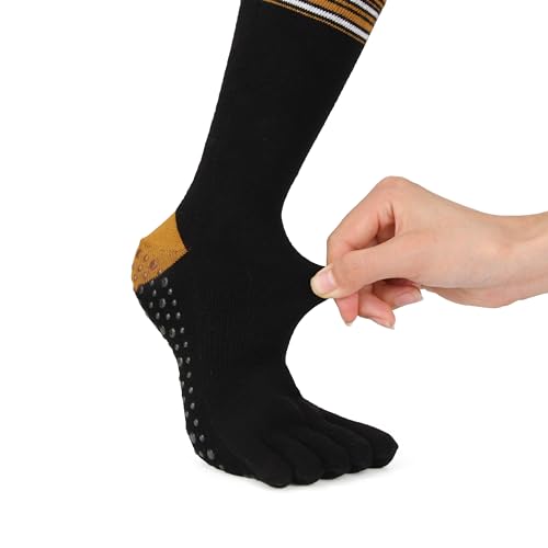 Image of Women Knee High Five Toe Socks, Non Slip Grip Yoga Socks | Stretch knit fabric, silicone grip sole, toe separation, size 5-9 fit, ideal for yoga, pilates, barre