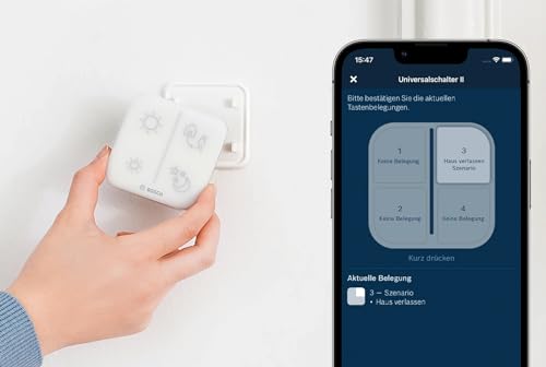 Bosch Smart Home Universalschalter II, zur einfachen Steuerung smarter Geräte, konfigurierbar für 4 belegbare Tasten, Keypad-Funktion für codegeschütztes Aktivieren und Deaktivieren des Alarmsystem