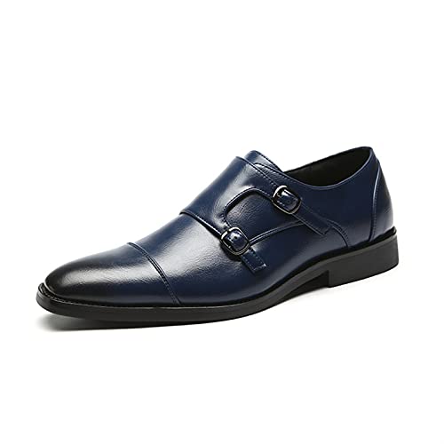 Dress Oxford for Men Slip On Monk Strap Cap Toe Black Burnished Toe PU Leather Non Slip Low Top Block Heel Anti-Slip Casual(Blue,10 M US)