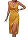 LYANER Women's Satin Drape Cowl Neck Sleeveless Strappy Cami Split Slit Cocktail Party Midi Dress Ginger X-Large