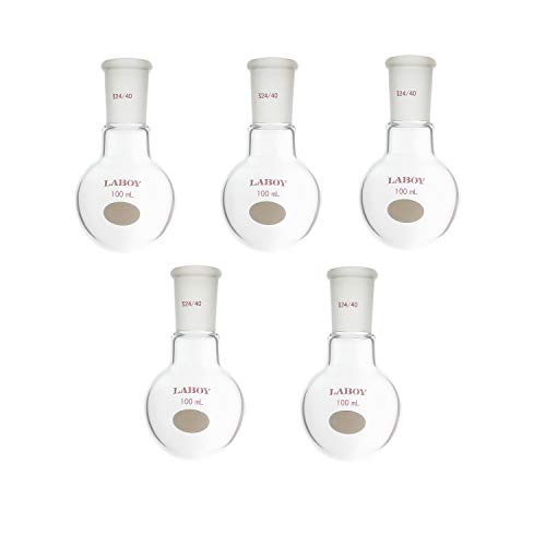 Laboy Glass 100mL Single Neck Round Bottom Boiling Flask Heavy Wall with 24/40 Joint Heating Reaction Receiving Flask Organic Chemistry Lab Glassware (Pack of 5)