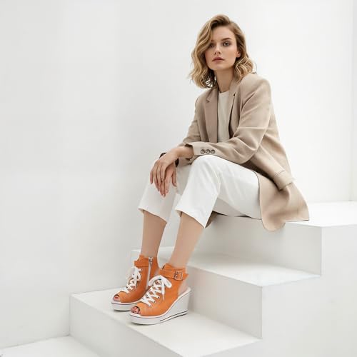 Image of OCHENTA Women's Peep Toe Wedge Sneakers Canvas Platform Shoes Side Zipper Lace up Buckle Fashion Sneakers Walking Shoes