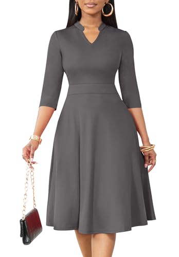 Image of Nmoder Casual Dresses for Women Semi Formal Fit and Flare 3 /4 Sleeve A-line Church Work Dress with Pockets