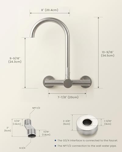 Image of Wall Mount Kitchen Faucet, 8 Inch Center, Brushed Nickel, Lead-Free | Single Handle, 360 Swivel, NSF /ANSI /CAN 372 Lead-free, CEC /DOE 1.8 GPM, 2-hole, Spot-resistant, DIY friendly, No Deck Mess