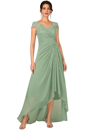 Sage Green Chiffon Mother of Bride Dresses Tea Length Petite Lace Appliques A Line V Neck Formal Dress with Sleeves Size 4