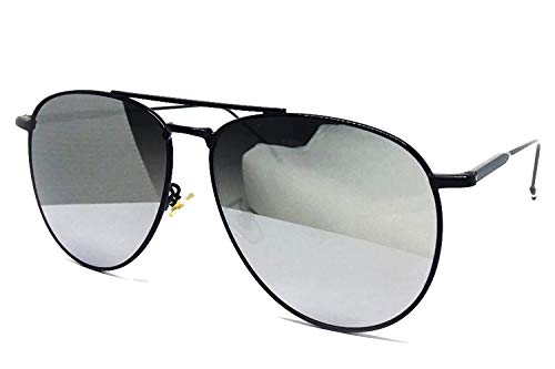 97025 Premium Oversized Flat Aviator Mirrored Sunglass Womens Mens (METAL, BLACK/SILVER)