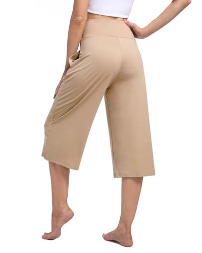 Image of Kivdol 3 Pack Womens Wide Leg Yoga Capris Crossover High Waist Casual Capri Pants Loose Soft Pajama Pockets Sweatpants