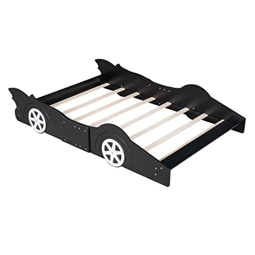 Triple Tree Full Size Platform Bed,Race Car-Shaped Platform Bed Frame With Wheels,Wooden Low Bed For Boys Girls Childrens,Easy Assembly,Black #TOP1