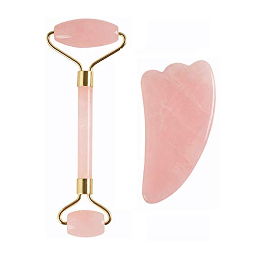 mijiaowatch Jade Roller and Gua Sha Set, Anti-aging Rose Quartz Facial Roller Massager Beauty Gua Sha Tool Facial Roller for Women Neck Body Skin Healing Slimming Gua Sha Tools (Pink)