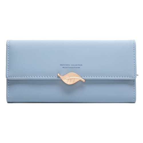 Fashion Long StylePremium Women's Long Wallet with Multiple Card Slots, Zipper Pocket and Wrist Strap PU Leather Clutch Purse (Light blue)