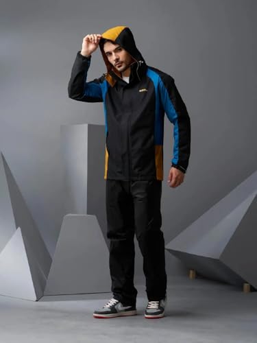 Image of ZEEL Rain Coat For Men with Adjustable Velcro Hood, Polyester Waterproof Full Sleeves Raincoat, Top and Bottom Set Rainwear, Front Zip with Flap, Lightweight Raincoat (EJS511, Black and Blue, XL)