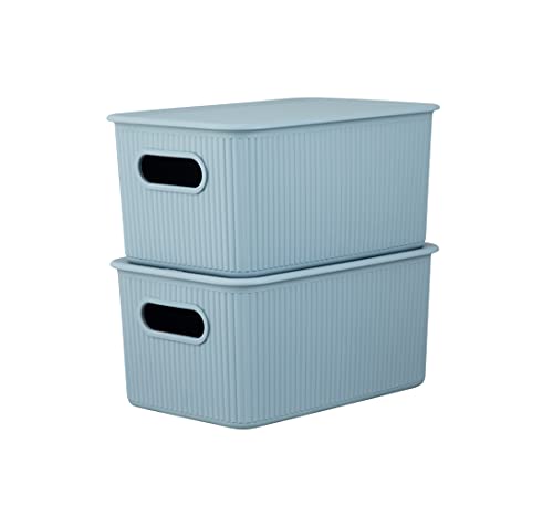 Superio 2 Pack Plastic Stackable Organizer Boxes with Lids Storage Bins for Shelf Closet Desk Pantry Home Office Bathroom Vanity Playroom Toy Shop Clothes Cosmetics Stationery Blue