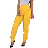 Andongnywell Women's Cargo Pants, Casual Outdoor Solid Color Elastic High Waisted Baggy Jogger Pants with Pockets (Yellow,Medium)