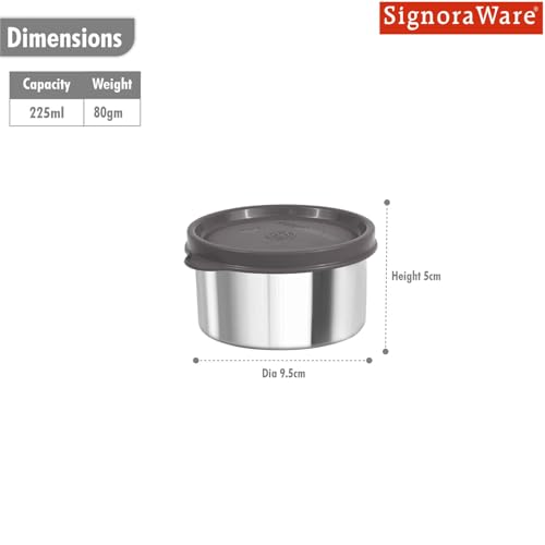 Image of SignoraWare Ample Stainless Steel Container | Airtight & Leakproof | Dishwasher Safe | Durable Storage Solution | Ideal for Kids, Office, School, Picnic & Outdoor Use (225ml | Grey)