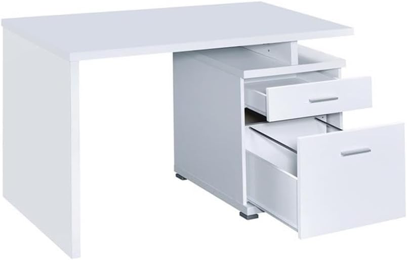Pemberly Row Contemporary Wood Office Desk, 47.25" W x 23.5" D x 29.5" H, White Finish, 2 Drawers with Cabinet, Reversible Setup, Sleek Design, Melamine Paper Construction, Indoor Home Office