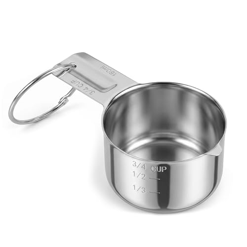 Stainless Steel Measuring Cup 3/4 Cup (180 ml | 6 oz| 180 cc) Single Measuring Cups Metal Measurings Cups with Ring for Hanging for Cooking Baking Coffee Dishwasher Safe Metric and US Measurement