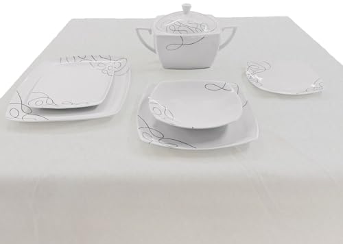 Dimensioni: piatti piani 27 cm, piatti fondi 21 cm, piatti dessert 20 cm, insalatiera 25,5 x 19,6 cm, ovale piccolo 25,5 x 19,6 cm, ovale grande 28,6 x 36 cm, zuppiera 32 cm.
