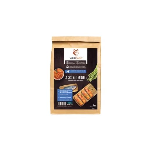 Wildfang® torr hundmat - spannmålsfri hundmat - lax med öring, sötpotatis och sparris | Idealisk för stora hundar (6 kg)