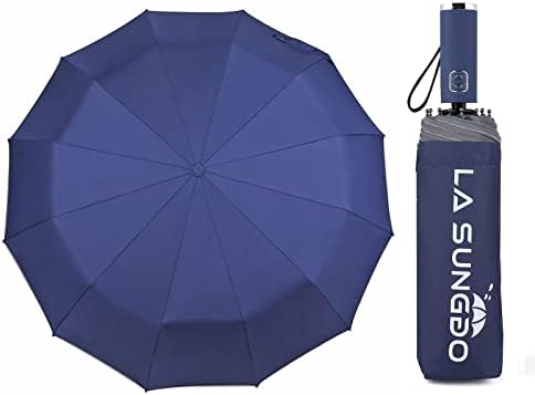LA SUNGGO Travel Folding Umbrellas for Rain Windproof Portable Sturdy Large Compact Umbrella 2 People Heavy Duty Strong Steel Navy Blue
