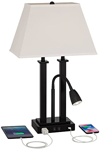 Possini Euro Design Deacon Modern Gooseneck Desk Lamp With Usb Charging Port And Outlet 26" High Led Black Metal Oatmeal Linen Fabric Shade For Living Room Bedroom House Bedside Nightstand Office #TOP2