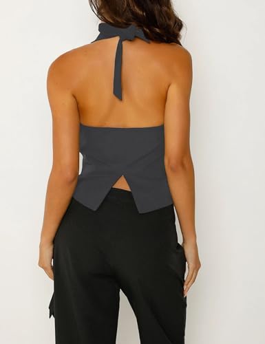 Fanway&EC Women's Casual V Neck Button Front Crop Vest Sleeveless Sexy Halter Backless Waistcoat Jacket3