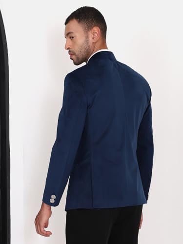 Image of MANQ Men Slim Fit Bandhgala Velvet Blazer - Mandarin Collar, Button Closure, Long Sleeves, Solid Ethnic Winter Wear with Three Pockets for Adults