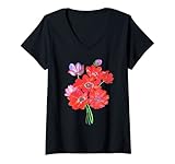 Mujer Un Posy De Salvaje Rojo Y Lila Anémona Coronaria Aislado Camiseta Cuello V