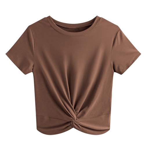 JINKESI Women's Summer Causal Short Sleeve Blouse Round Neck Crop Tops Twist Front Tee T-Shirt Brown-Large