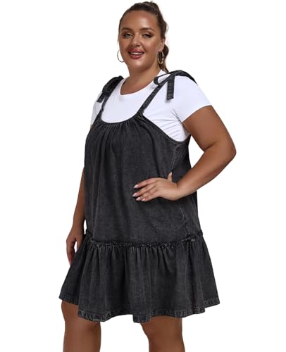 Image of Denim Dress for Women Tie Shoulder Sleeveless Denim Mini Dress Casual Flowy Babydoll Dress Wash Jean Dress