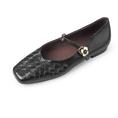 TinaCus Women's Square Toe Handmade Buckle Strap Soft Genuine Leather Flat Mary Jane Shoes