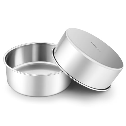 Image of Leonyo 8 Inch Cake Pan, Stainless Steel Circle Baking Pans Set, 2 Pieces Round Layer Cake Tin for Wedding Birthday, Even Heating, Non Toxic & Healthy, Heavy-Duty, Dishwasher Safe