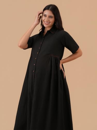 Image of The Mom Store Maternity & Nursing Midi Dress for Women | Pregnancy & Postpartum Wear | Cotton Flex Dress for New Mom | Trendy Stylish Comfortable Feeding Dress for Womens | Causal Office Formal Wear