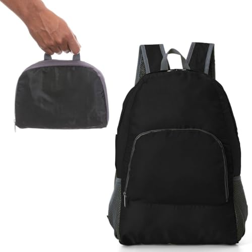 Mochila Dobrável Impermeável, 25L, Nylon Resistente, Alças Ajustáveis, Preta