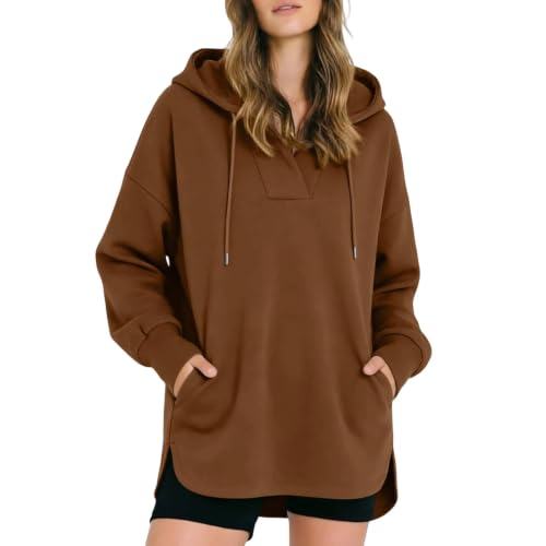 JiXiang Hoodies for Women Trendy V Neck Oversized Winter Warm Sweatshirts Lightweight Drawstring Y2K Cozy Fall Pullover Tops - image 2