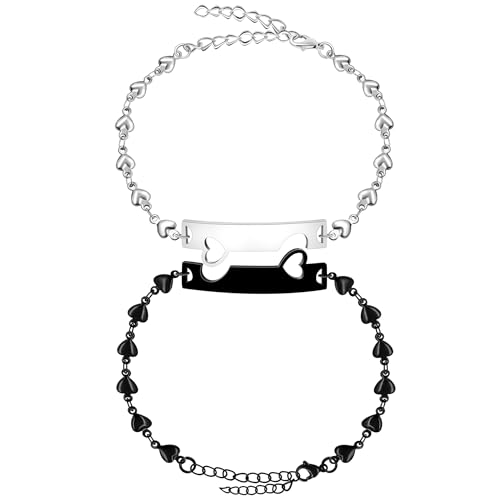 Image of 2 Couple Bracelets for men women, Love /Koi Fish /Gossip Jigsaw Puzzle Stainless Steel Heart-shaped Chain Adjustable Bracelet for Boyfriend Girlfriend Valentine's Day Gift Jewelry