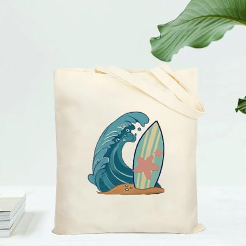 Summer Canvas Tote Bag, Wave Pattern Reusable Shoulder Tote Bag for Women and Men, Large Durable Canvas Shoulder Bag Perfect for Grocery Work Beach Shopping2